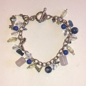 Silver Tone Toggle Key Charm Bracelet with Blue and Yellow Beads